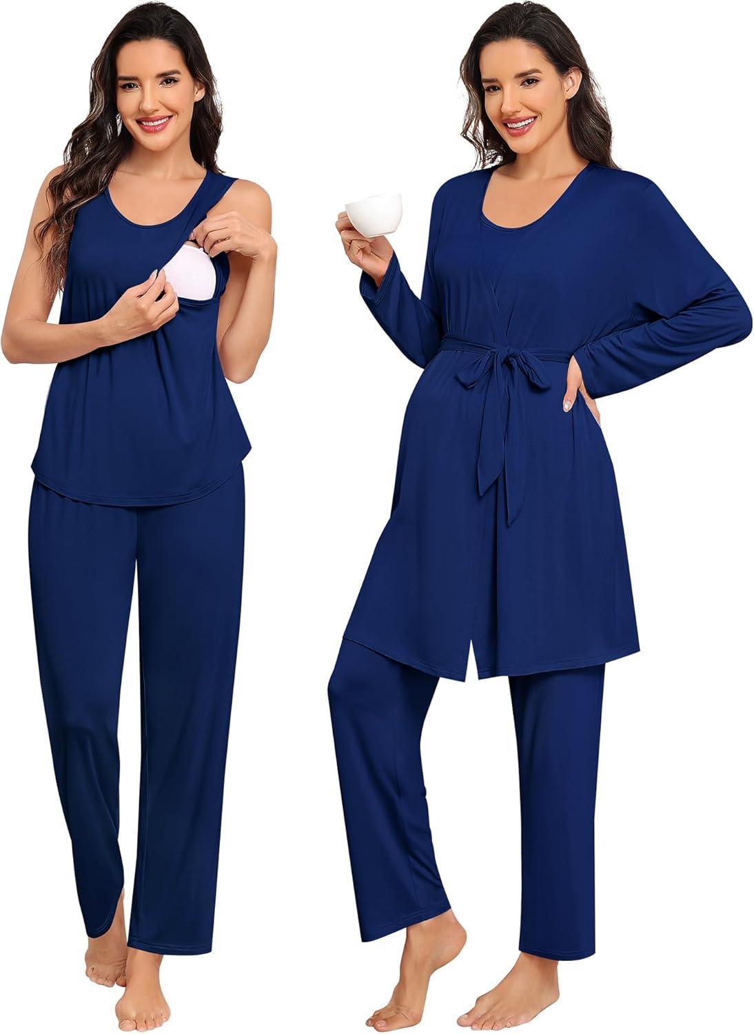 imageSWOMOG Women Maternity Nursing Robe Set 3 PCS Labor Delivery Breastfeeding Pajama Postpartum Pjs for Hospital PregnancyNavy Blue