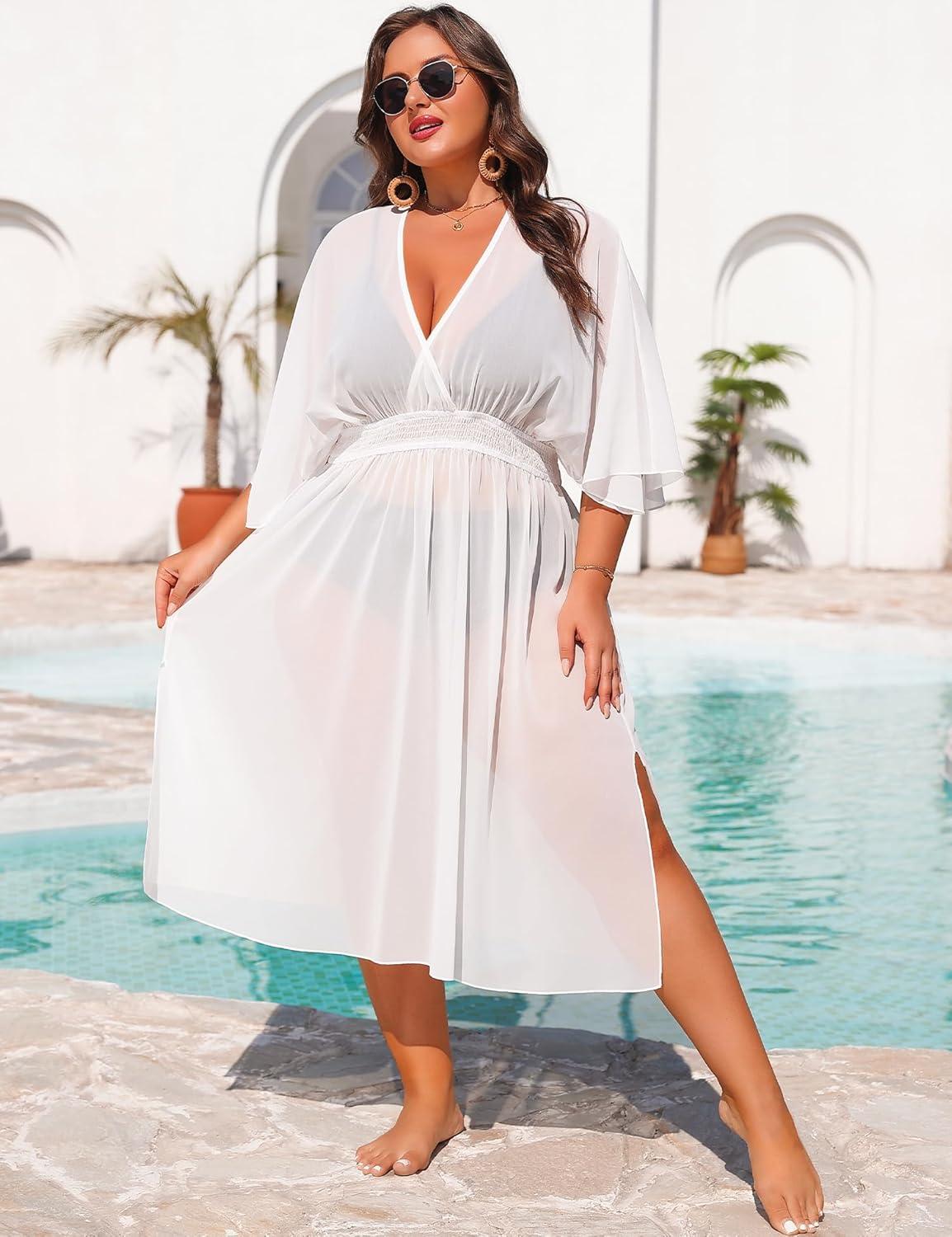 imageSWOMOG Women Plus Size Cover Ups Swimsuit VNeck Batwing Sleeve Pleated Waist Cover Ups Chiffon Summer Bikini BathingWhite