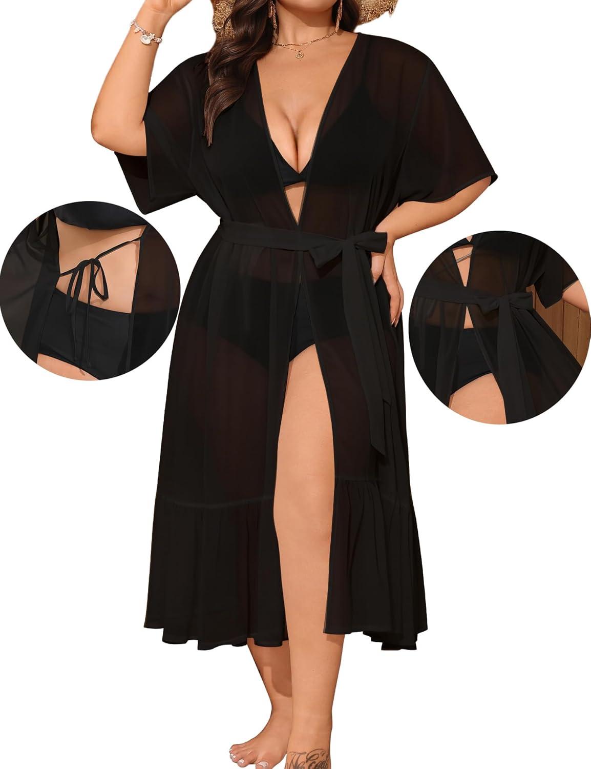 imageSWOMOG Womens Plus Size Cover Up Robe Cardigan Swimsuit Kimono Flowy Coverup Beach Open Front Summer SwimwearBlack