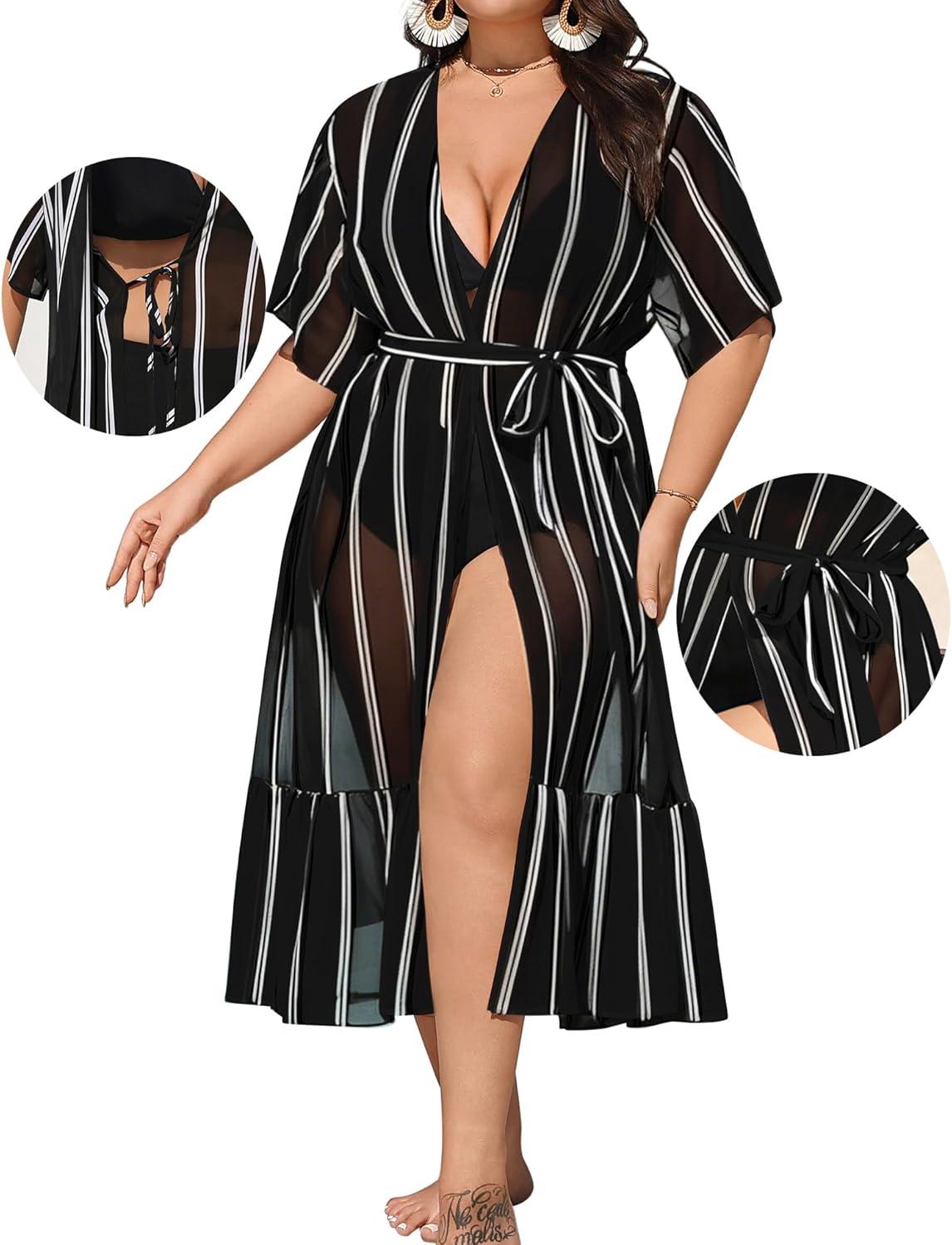 imageSWOMOG Womens Plus Size Cover Up Robe Cardigan Swimsuit Kimono Flowy Coverup Beach Open Front Summer SwimwearBlack Stripe
