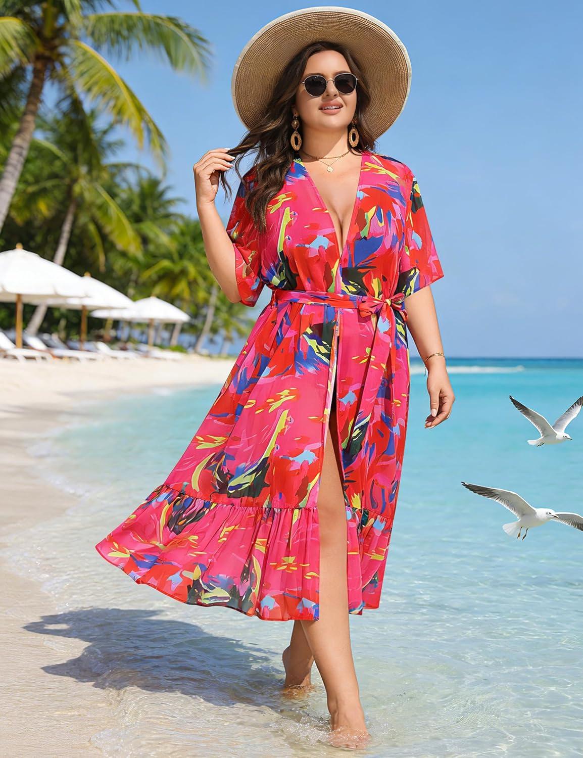 imageSWOMOG Womens Plus Size Cover Up Robe Cardigan Swimsuit Kimono Flowy Coverup Beach Open Front Summer SwimwearPink Abstract Graffiti