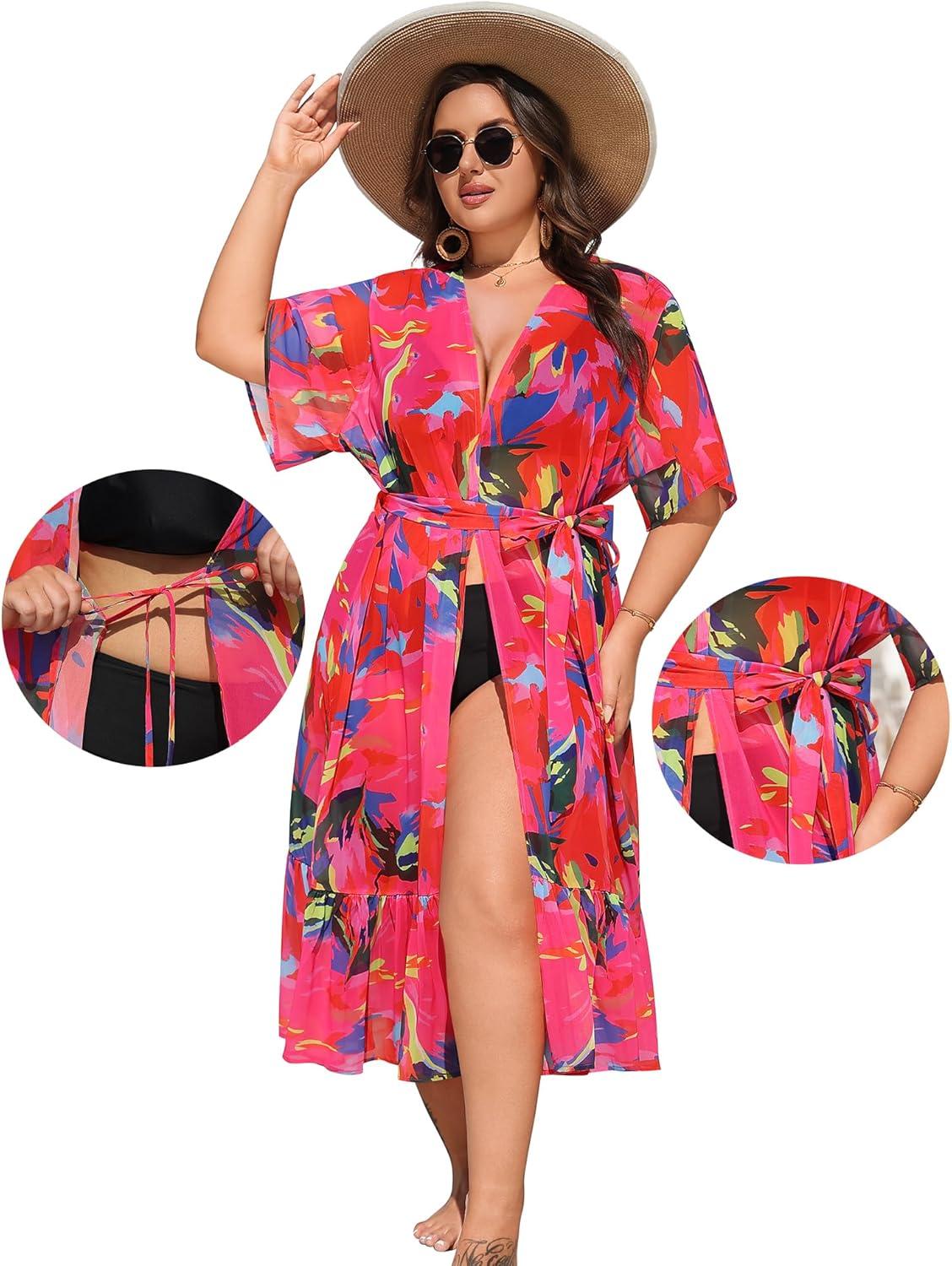 imageSWOMOG Womens Plus Size Cover Up Robe Cardigan Swimsuit Kimono Flowy Coverup Beach Open Front Summer SwimwearPink Abstract Graffiti