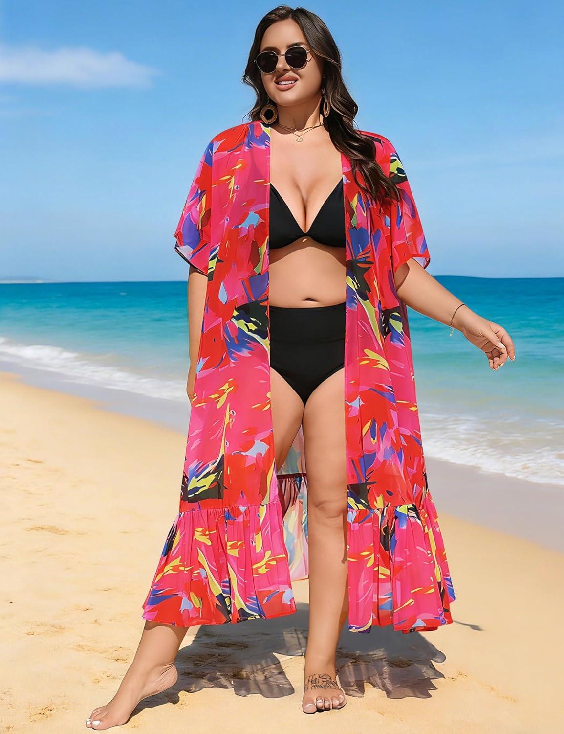imageSWOMOG Womens Plus Size Cover Up Robe Cardigan Swimsuit Kimono Flowy Coverup Beach Open Front Summer SwimwearPink Abstract Graffiti