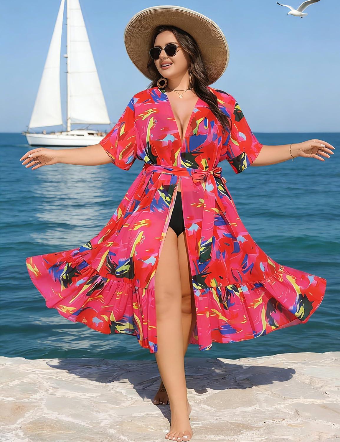 imageSWOMOG Womens Plus Size Cover Up Robe Cardigan Swimsuit Kimono Flowy Coverup Beach Open Front Summer SwimwearPink Abstract Graffiti