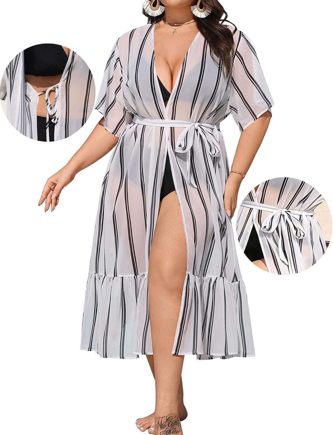 imageSWOMOG Womens Plus Size Cover Up Robe Cardigan Swimsuit Kimono Flowy Coverup Beach Open Front Summer SwimwearWhite Stripe