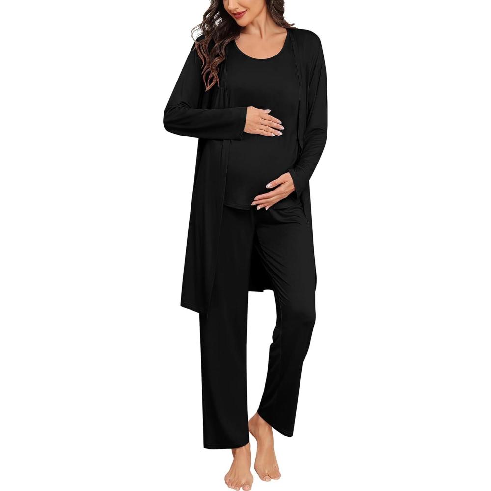 imageSWOMOG Women Maternity Nursing Robe Set 3 PCS Labor Delivery Breastfeeding Pajama Postpartum Pjs for Hospital PregnancyBlack