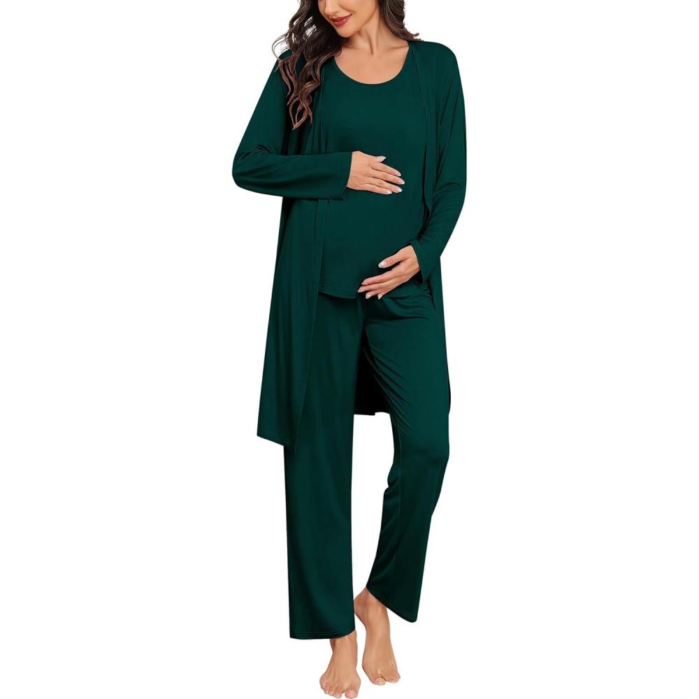 imageSWOMOG Women Maternity Nursing Robe Set 3 PCS Labor Delivery Breastfeeding Pajama Postpartum Pjs for Hospital PregnancyEmerald Green
