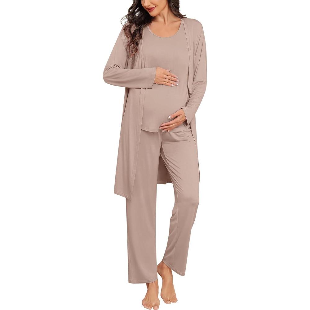 imageSWOMOG Women Maternity Nursing Robe Set 3 PCS Labor Delivery Breastfeeding Pajama Postpartum Pjs for Hospital PregnancyLight Brown