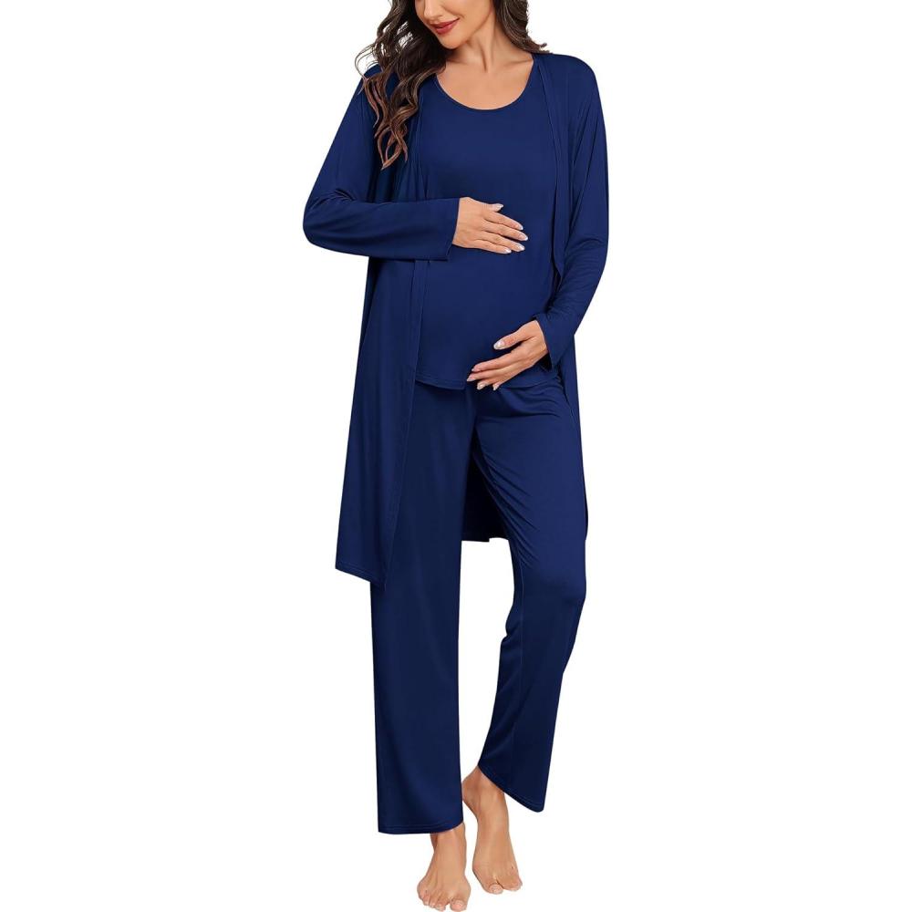 imageSWOMOG Women Maternity Nursing Robe Set 3 PCS Labor Delivery Breastfeeding Pajama Postpartum Pjs for Hospital PregnancyNavy Blue