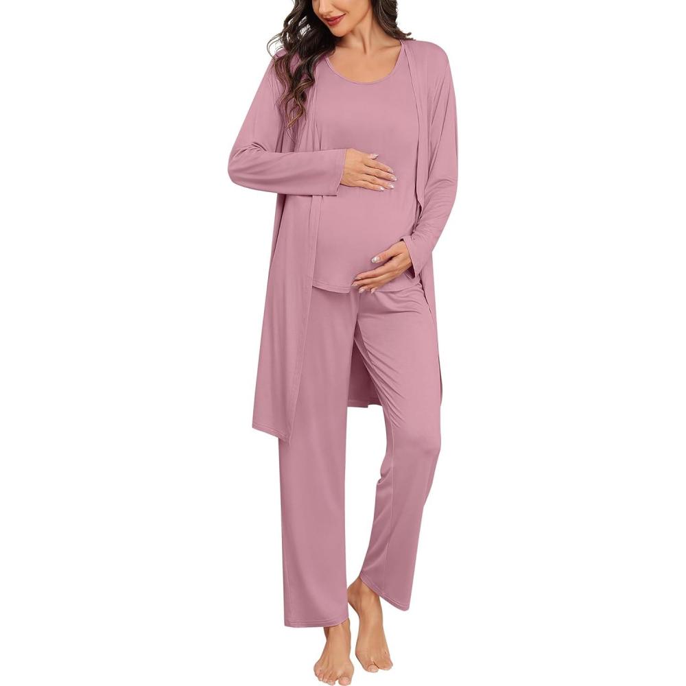 imageSWOMOG Women Maternity Nursing Robe Set 3 PCS Labor Delivery Breastfeeding Pajama Postpartum Pjs for Hospital PregnancyTaro Purple