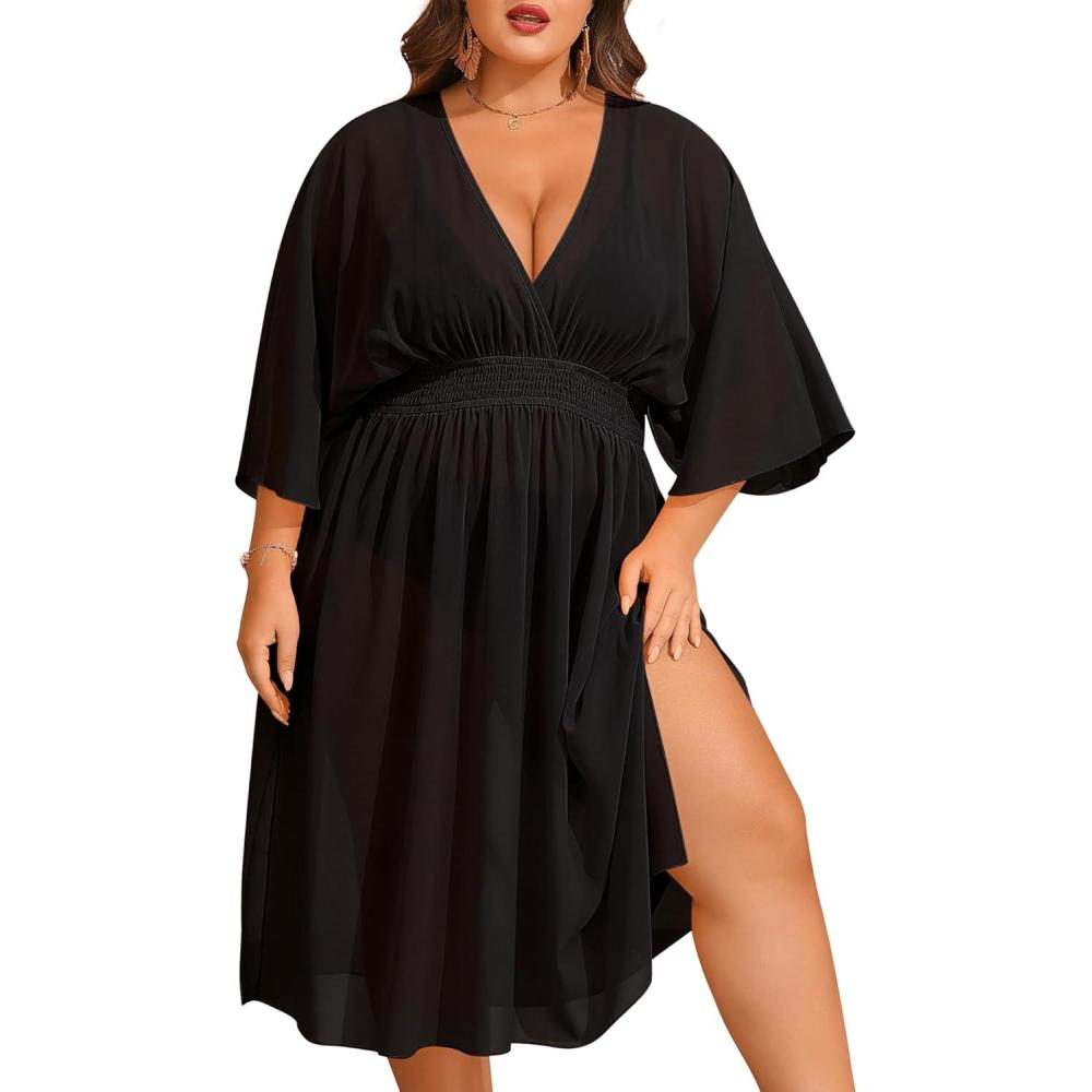 imageSWOMOG Women Plus Size Cover Ups Swimsuit VNeck Batwing Sleeve Pleated Waist Cover Ups Chiffon Summer Bikini BathingBlack