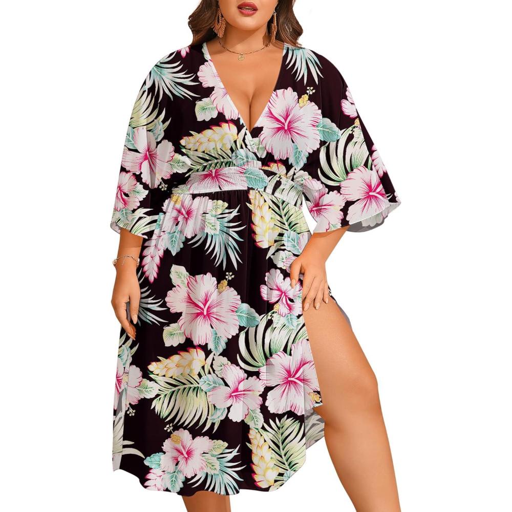 imageSWOMOG Women Plus Size Cover Ups Swimsuit VNeck Batwing Sleeve Pleated Waist Cover Ups Chiffon Summer Bikini BathingBlack Green Flower