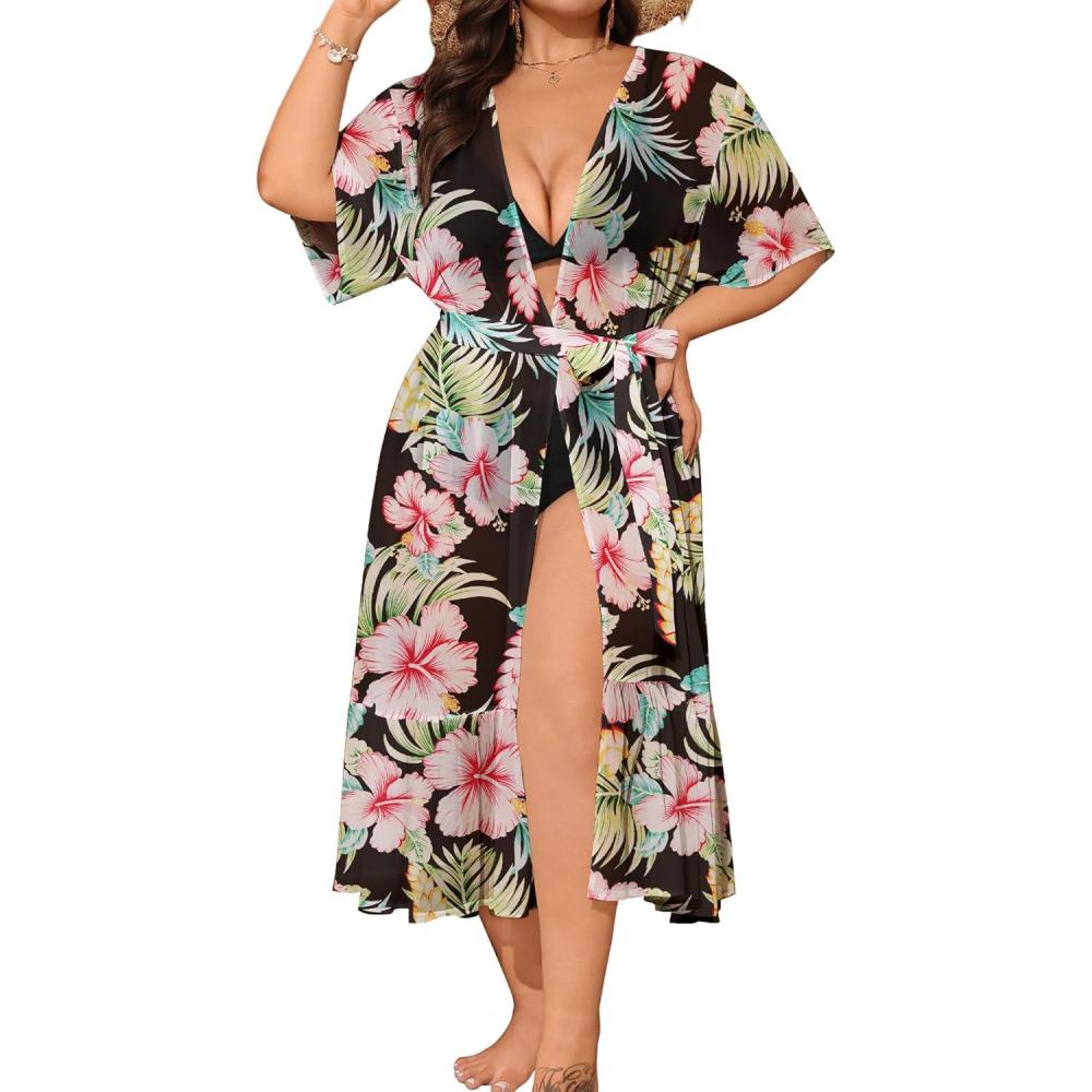 imageSWOMOG Womens Plus Size Cover Up Robe Cardigan Swimsuit Kimono Flowy Coverup Beach Open Front Summer SwimwearBlack Green Flower