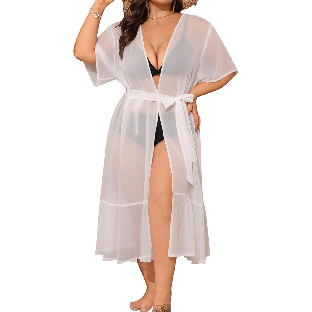imageSWOMOG Womens Plus Size Cover Up Robe Cardigan Swimsuit Kimono Flowy Coverup Beach Open Front Summer SwimwearWhite