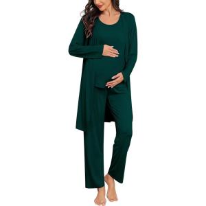 SWOMOG Women Maternity Nursing Robe Set 3 PCS Labor Delivery Breastfeeding Pajama Postpartum Pjs for Hospital Pregnancy(Emerald Green)
