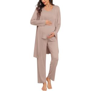 SWOMOG Women Maternity Nursing Robe Set 3 PCS Labor Delivery Breastfeeding Pajama Postpartum Pjs for Hospital Pregnancy(Light Brown)
