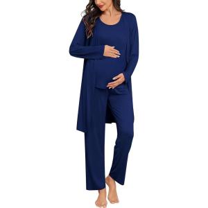 SWOMOG Women Maternity Nursing Robe Set 3 PCS Labor Delivery Breastfeeding Pajama Postpartum Pjs for Hospital Pregnancy(Navy Blue)