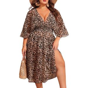SWOMOG Women Plus Size Cover Ups Swimsuit V-Neck Batwing Sleeve Pleated Waist Cover Ups Chiffon Summer Bikini Bathing(Black Leopard)