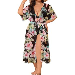 SWOMOG Women’s Plus Size Cover Up Robe Cardigan Swimsuit Kimono Flowy Coverup Beach Open Front Summer Swimwear(Black Green Flower)