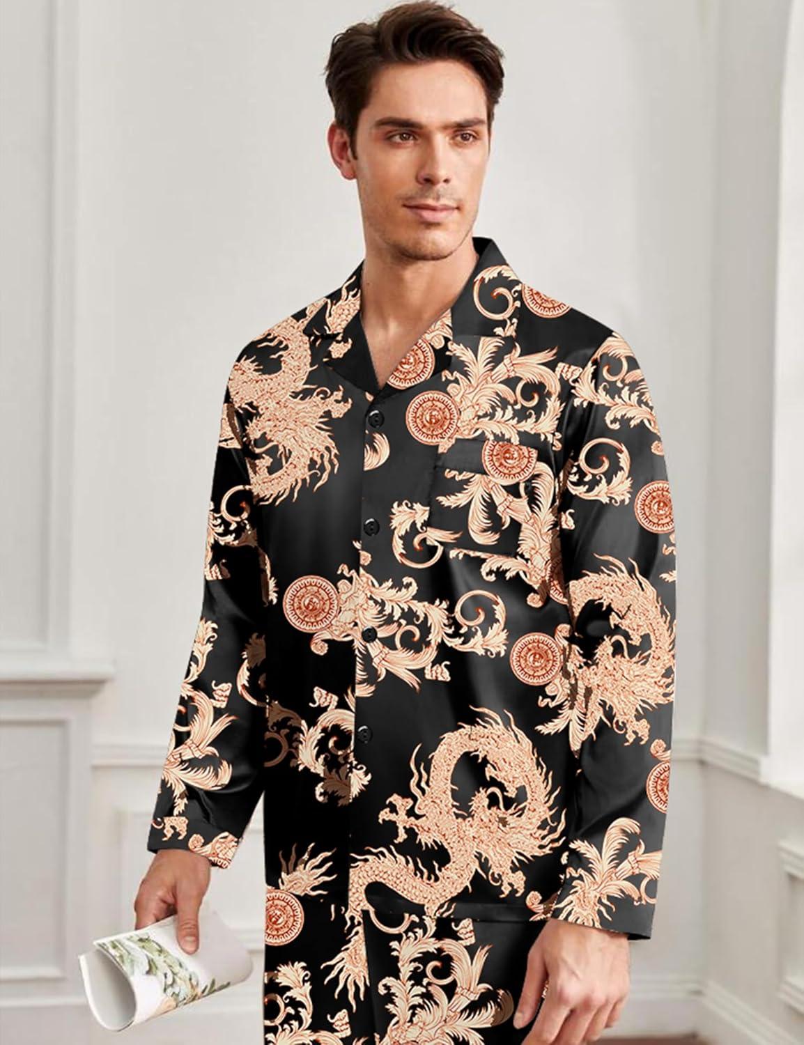 imageSWOMOG Men Pajamas Matching Pajamas Set Silk Satin Pj Long Sleeve Button Down Sleepwear 2 Pcs LoungewearBlack Dragon