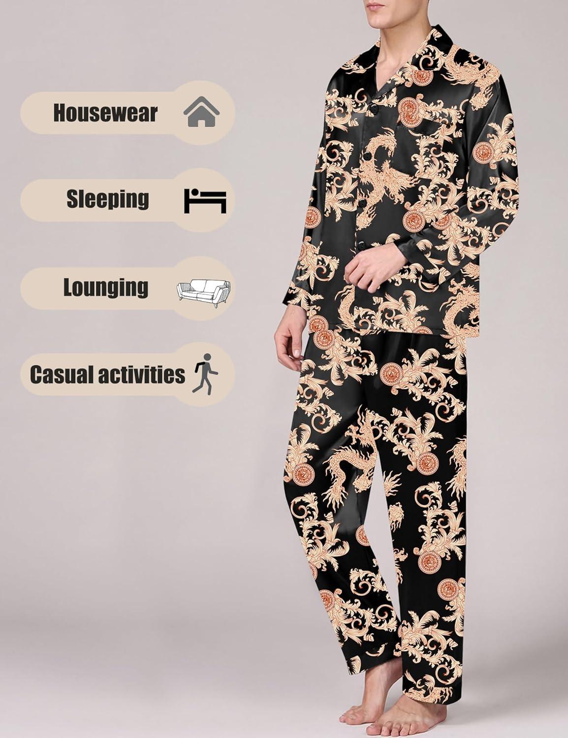 imageSWOMOG Men Pajamas Matching Pajamas Set Silk Satin Pj Long Sleeve Button Down Sleepwear 2 Pcs LoungewearBlack Dragon