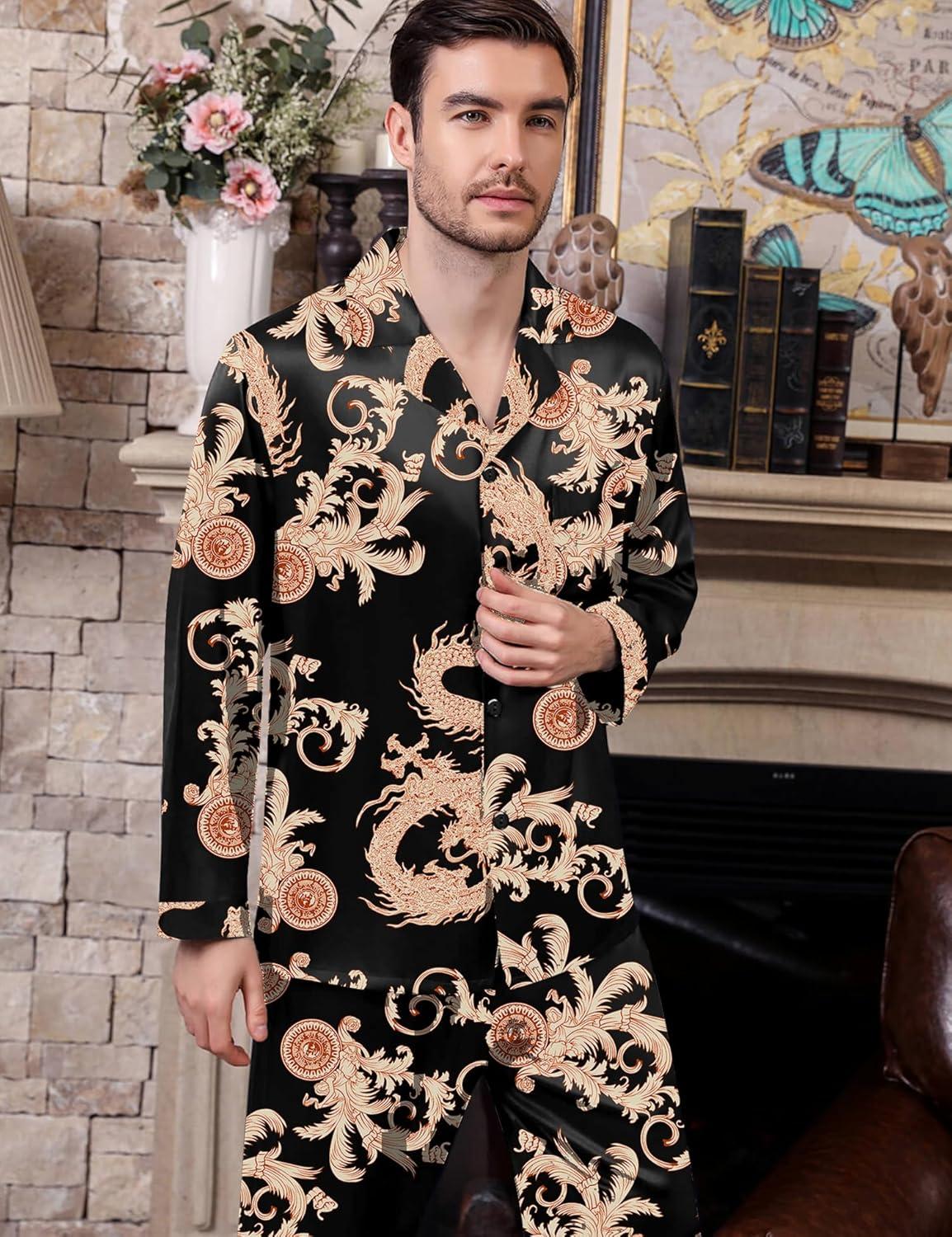 imageSWOMOG Men Pajamas Matching Pajamas Set Silk Satin Pj Long Sleeve Button Down Sleepwear 2 Pcs LoungewearBlack Dragon