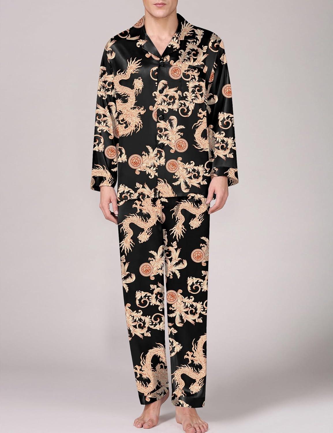 imageSWOMOG Men Pajamas Matching Pajamas Set Silk Satin Pj Long Sleeve Button Down Sleepwear 2 Pcs LoungewearBlack Dragon