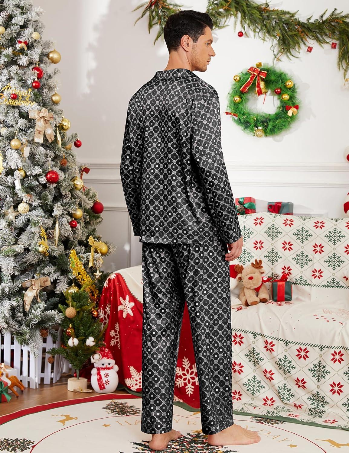 imageSWOMOG Men Pajamas Matching Pajamas Set Silk Satin Pj Long Sleeve Button Down Sleepwear 2 Pcs LoungewearBlack Floral