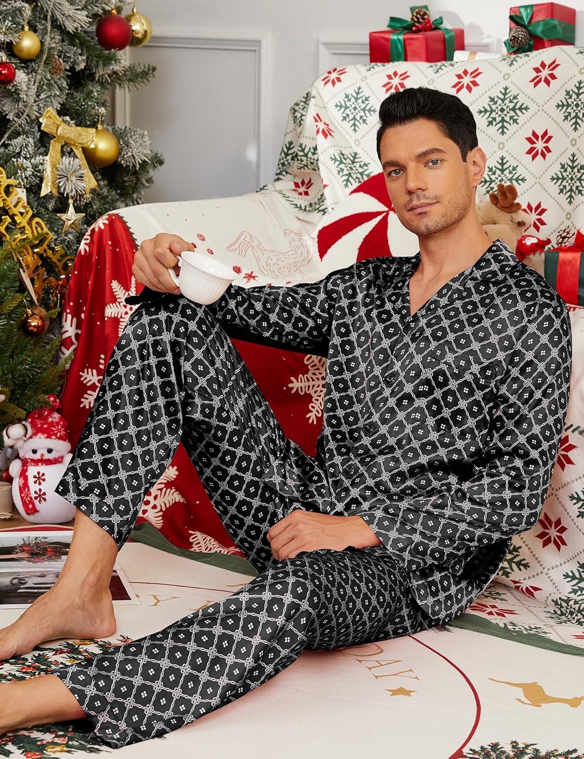 imageSWOMOG Men Pajamas Matching Pajamas Set Silk Satin Pj Long Sleeve Button Down Sleepwear 2 Pcs LoungewearBlack Floral