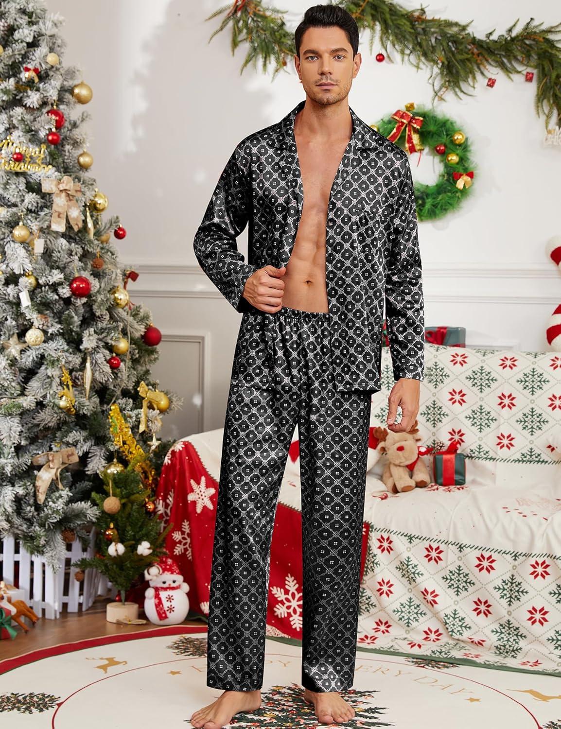 imageSWOMOG Men Pajamas Matching Pajamas Set Silk Satin Pj Long Sleeve Button Down Sleepwear 2 Pcs LoungewearBlack Floral