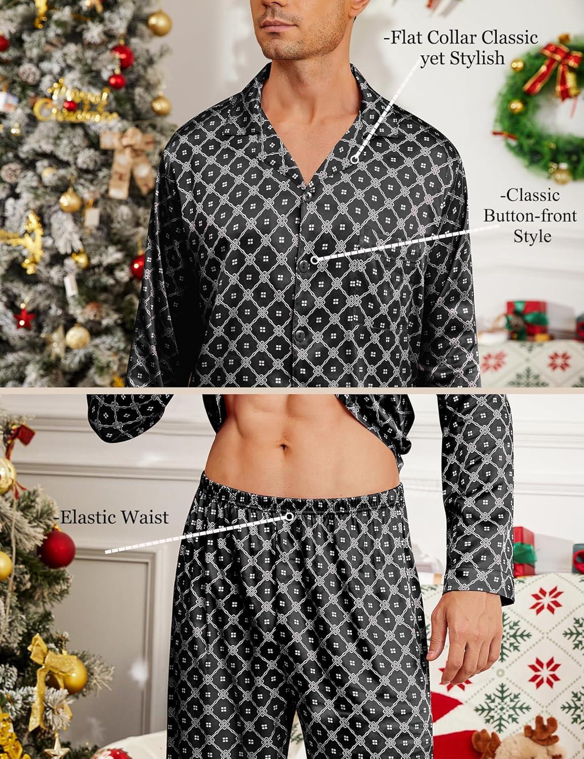 imageSWOMOG Men Pajamas Matching Pajamas Set Silk Satin Pj Long Sleeve Button Down Sleepwear 2 Pcs LoungewearBlack Floral