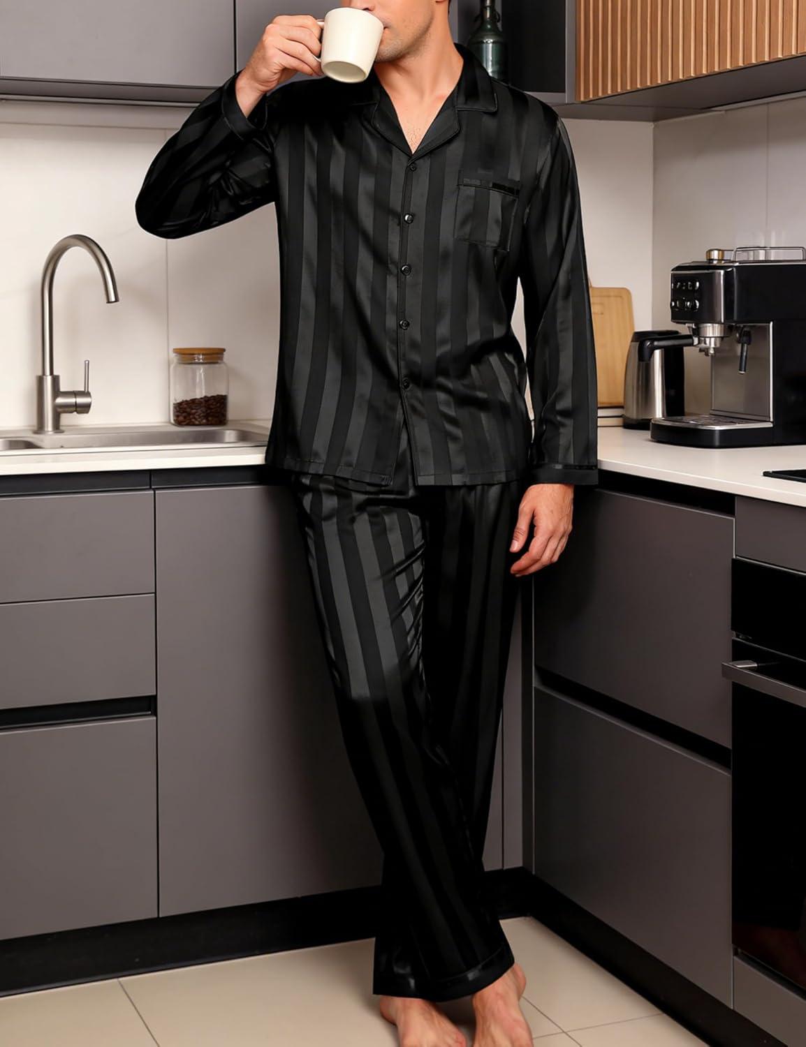 imageSWOMOG Men Pajamas Matching Pajamas Set Silk Satin Pj Long Sleeve Button Down Sleepwear 2 Pcs LoungewearBlack Stripe