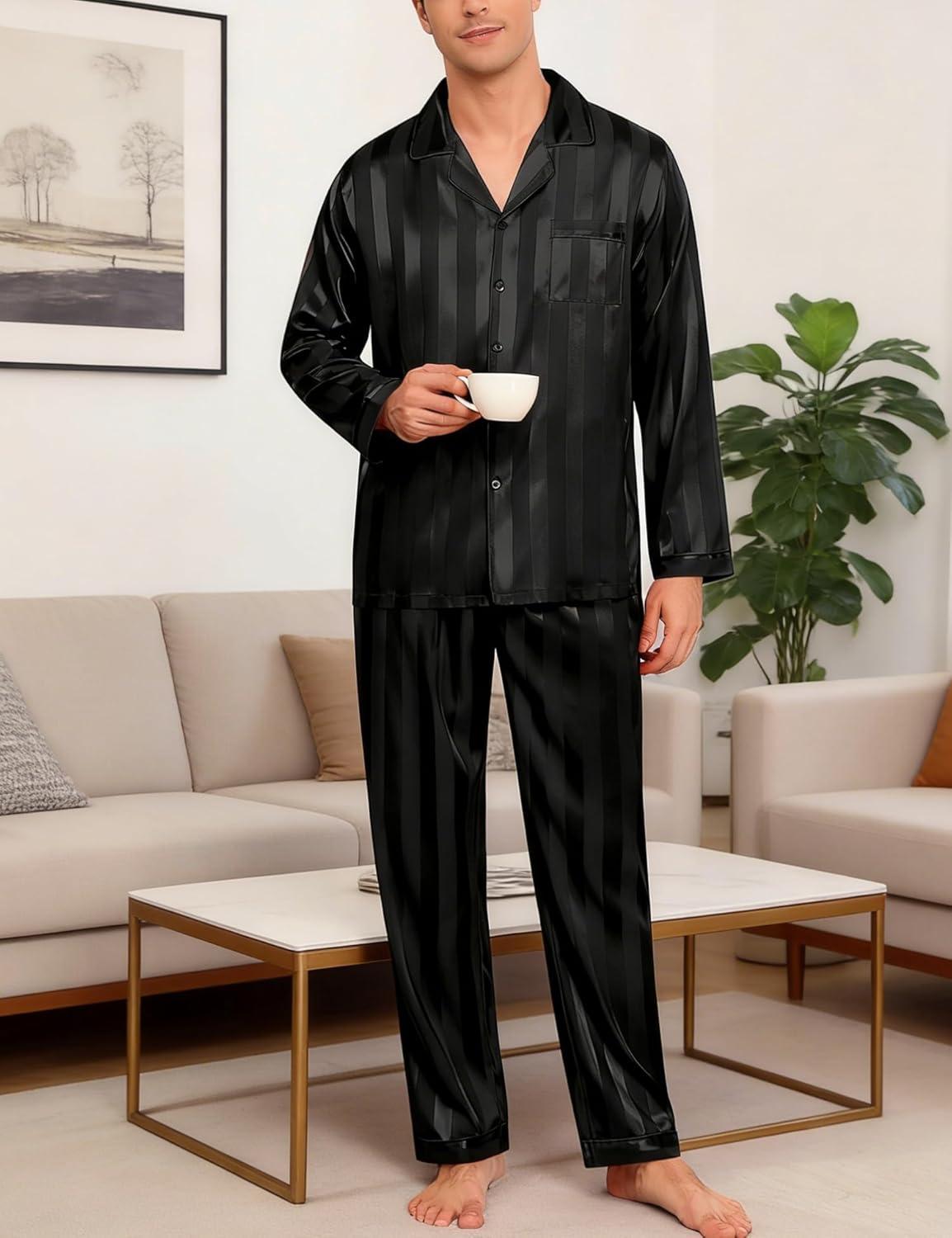 imageSWOMOG Men Pajamas Matching Pajamas Set Silk Satin Pj Long Sleeve Button Down Sleepwear 2 Pcs LoungewearBlack Stripe