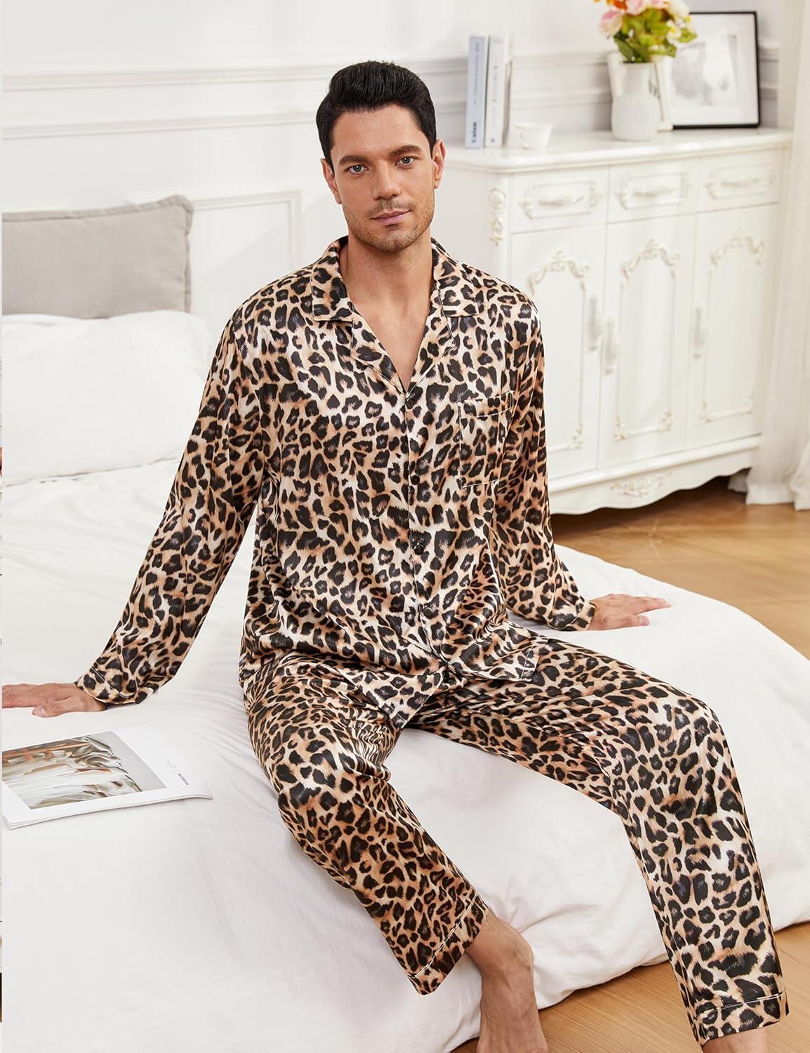 imageSWOMOG Men Pajamas Matching Pajamas Set Silk Satin Pj Long Sleeve Button Down Sleepwear 2 Pcs LoungewearLeopard Print