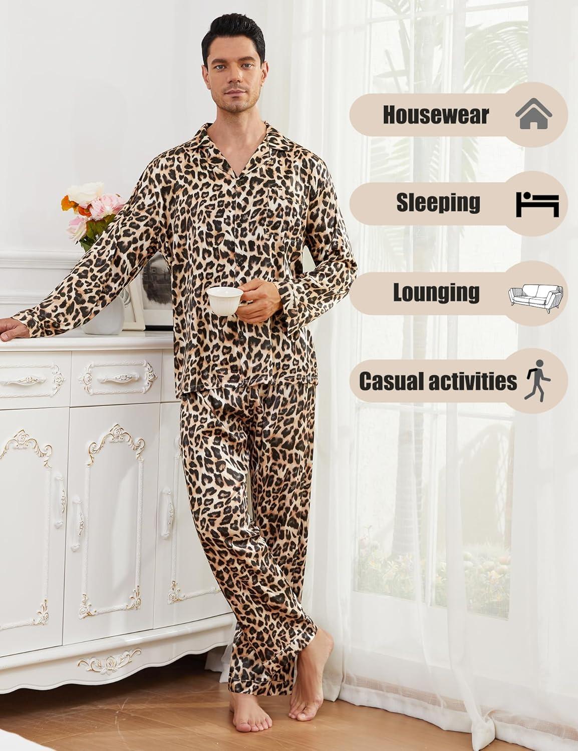 imageSWOMOG Men Pajamas Matching Pajamas Set Silk Satin Pj Long Sleeve Button Down Sleepwear 2 Pcs LoungewearLeopard Print