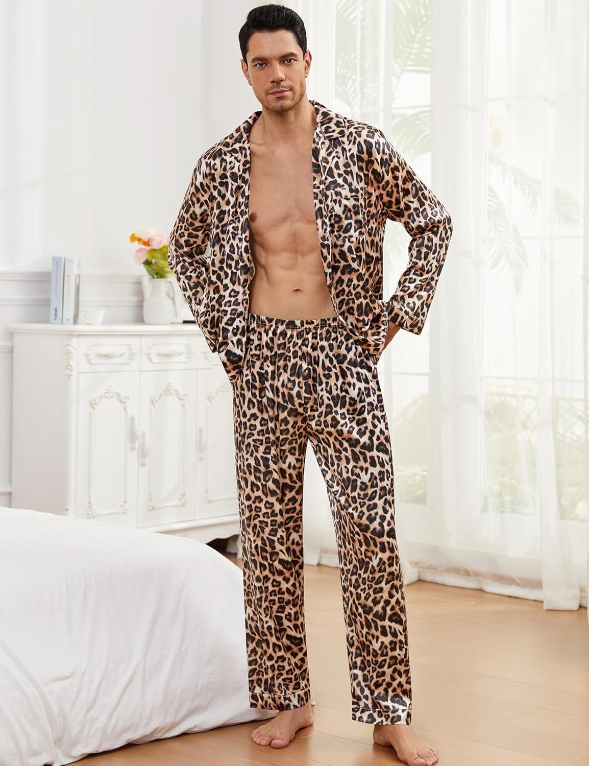 imageSWOMOG Men Pajamas Matching Pajamas Set Silk Satin Pj Long Sleeve Button Down Sleepwear 2 Pcs LoungewearLeopard Print