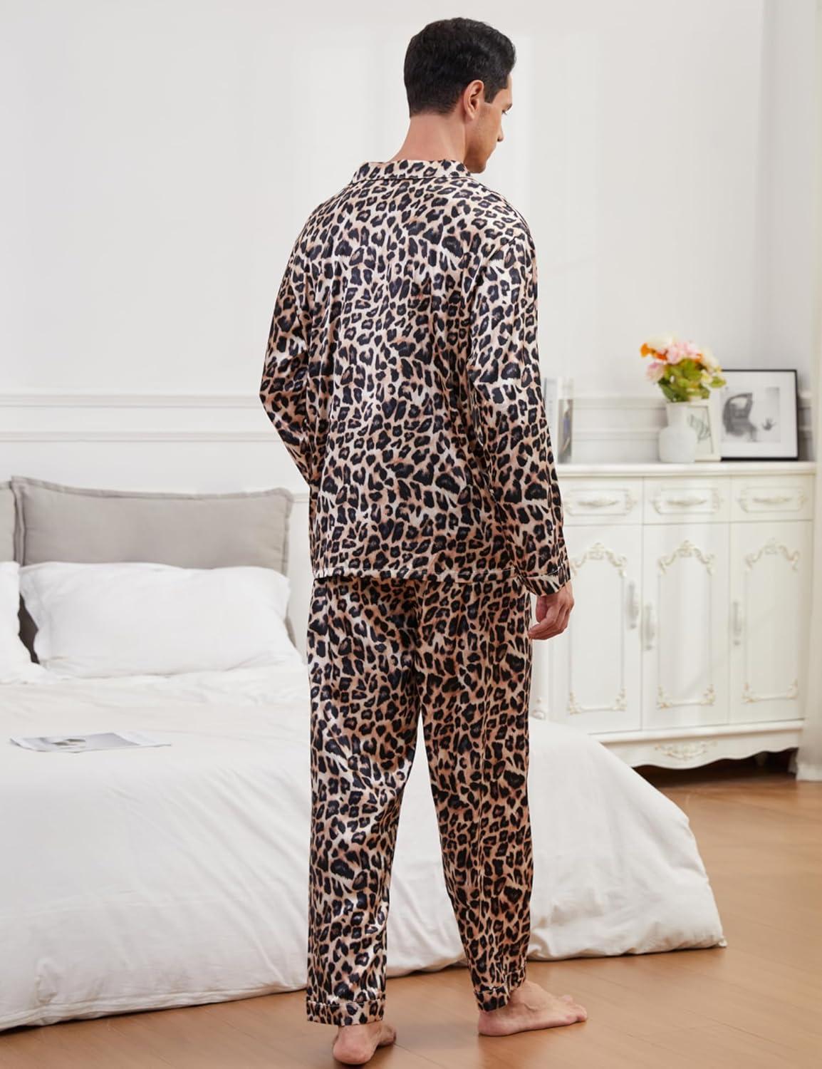 imageSWOMOG Men Pajamas Matching Pajamas Set Silk Satin Pj Long Sleeve Button Down Sleepwear 2 Pcs LoungewearLeopard Print