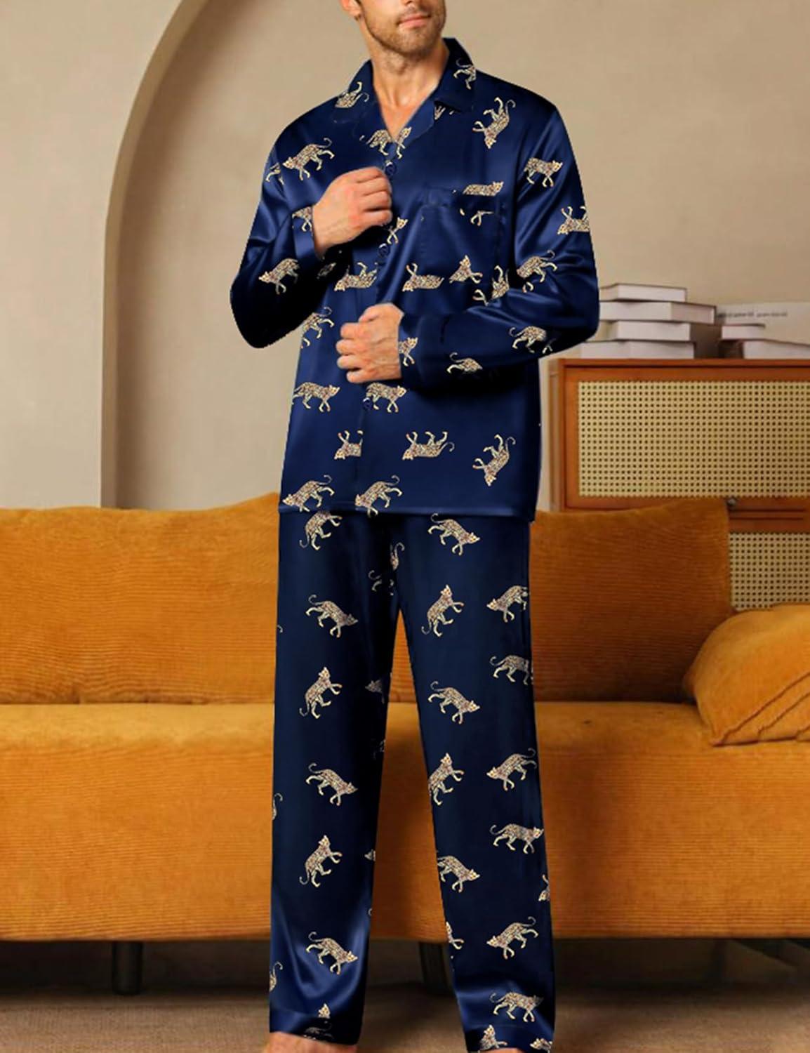 imageSWOMOG Men Pajamas Matching Pajamas Set Silk Satin Pj Long Sleeve Button Down Sleepwear 2 Pcs LoungewearNavy Blue Leopard