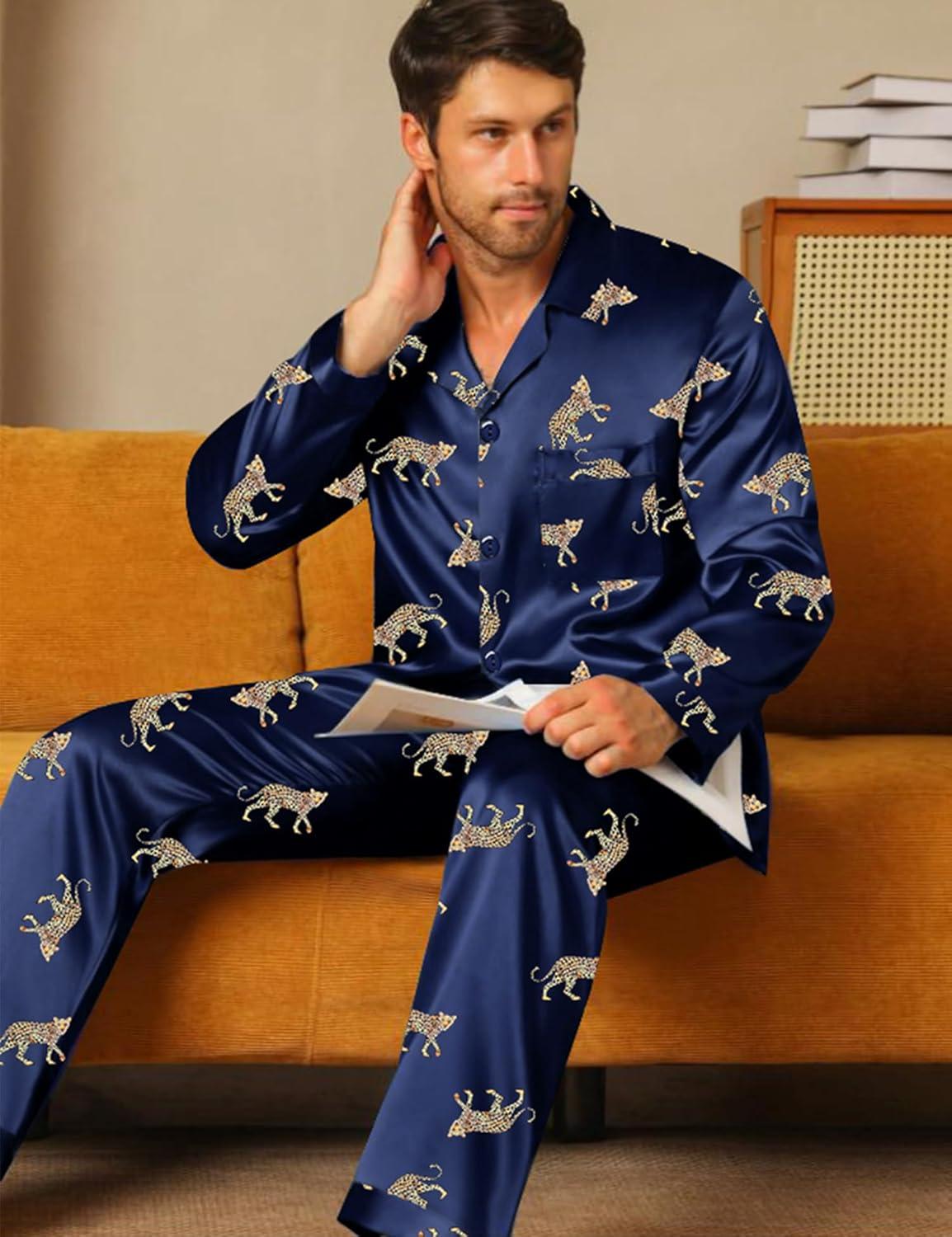 imageSWOMOG Men Pajamas Matching Pajamas Set Silk Satin Pj Long Sleeve Button Down Sleepwear 2 Pcs LoungewearNavy Blue Leopard