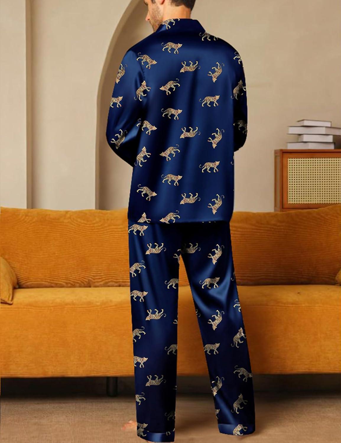 imageSWOMOG Men Pajamas Matching Pajamas Set Silk Satin Pj Long Sleeve Button Down Sleepwear 2 Pcs LoungewearNavy Blue Leopard