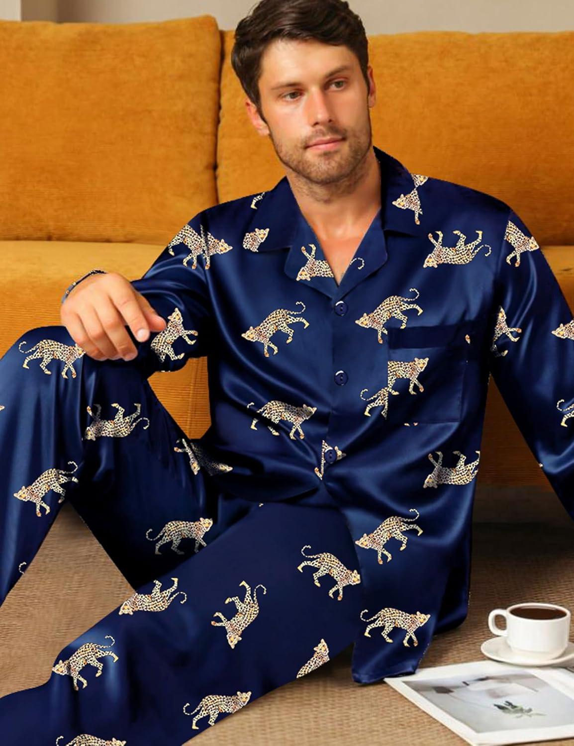 imageSWOMOG Men Pajamas Matching Pajamas Set Silk Satin Pj Long Sleeve Button Down Sleepwear 2 Pcs LoungewearNavy Blue Leopard
