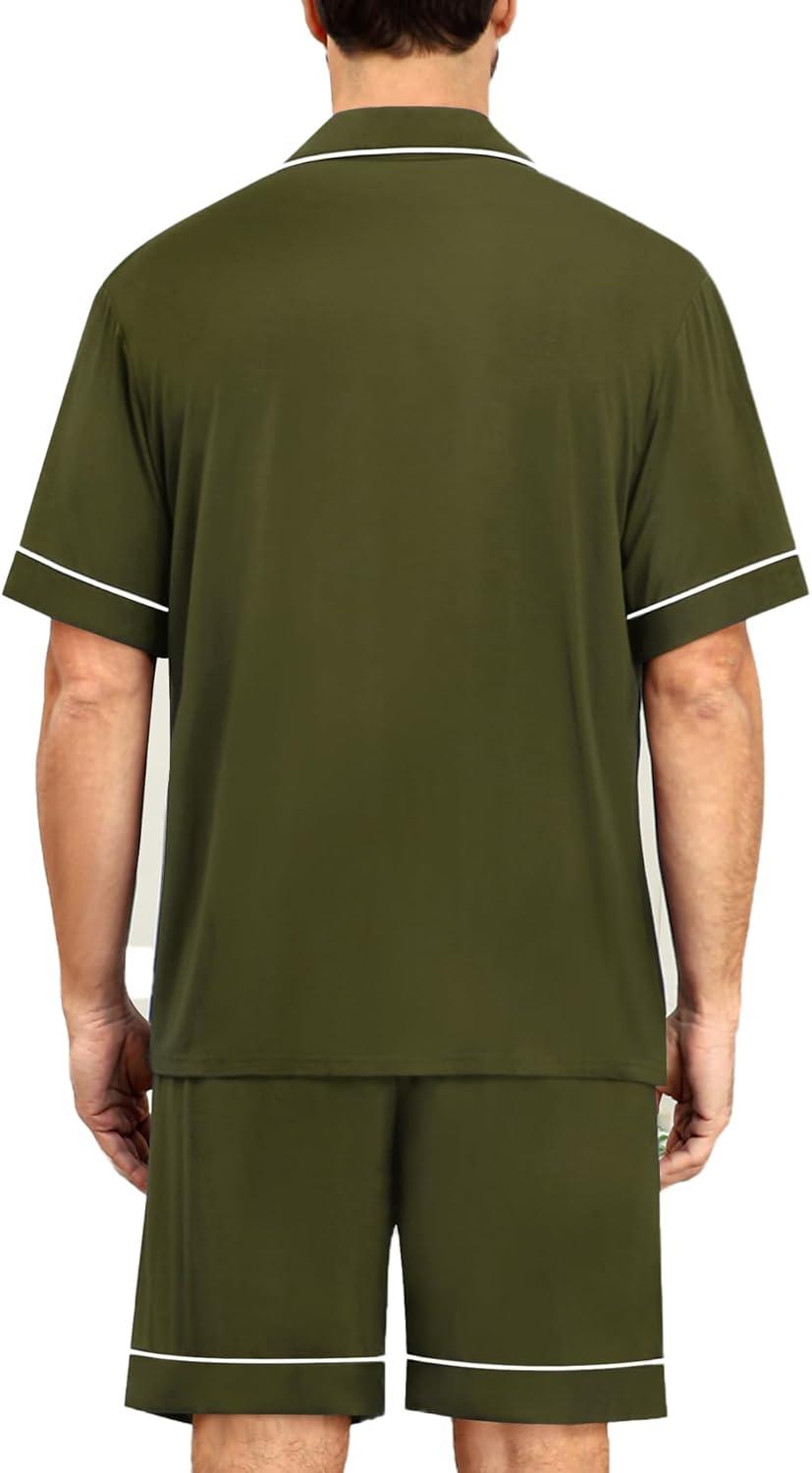imageSWOMOG Mens Pajama Sets Short Sleeve Sleepwear Button Down Loungewear Soft Modal Lounge Pjs with Pockets SXXLArmy Green