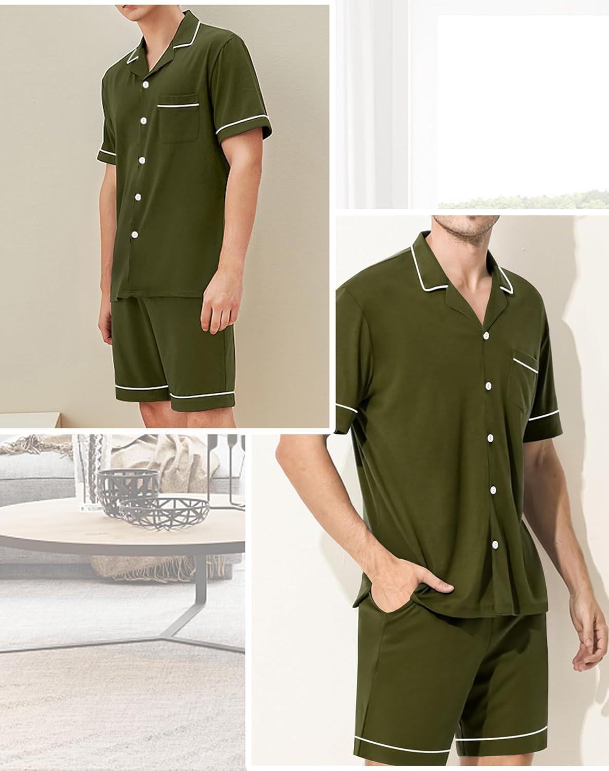 imageSWOMOG Mens Pajama Sets Short Sleeve Sleepwear Button Down Loungewear Soft Modal Lounge Pjs with Pockets SXXLArmy Green