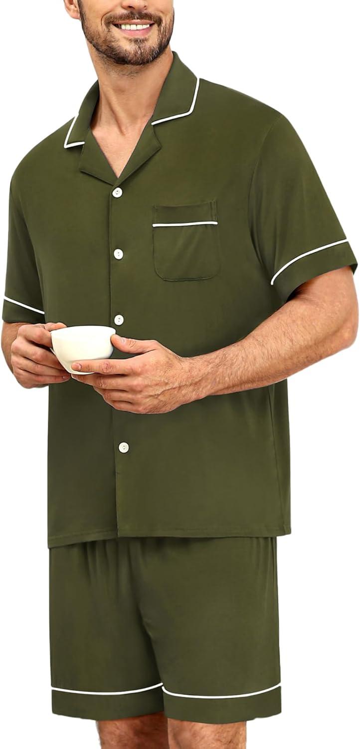 imageSWOMOG Mens Pajama Sets Short Sleeve Sleepwear Button Down Loungewear Soft Modal Lounge Pjs with Pockets SXXLArmy Green