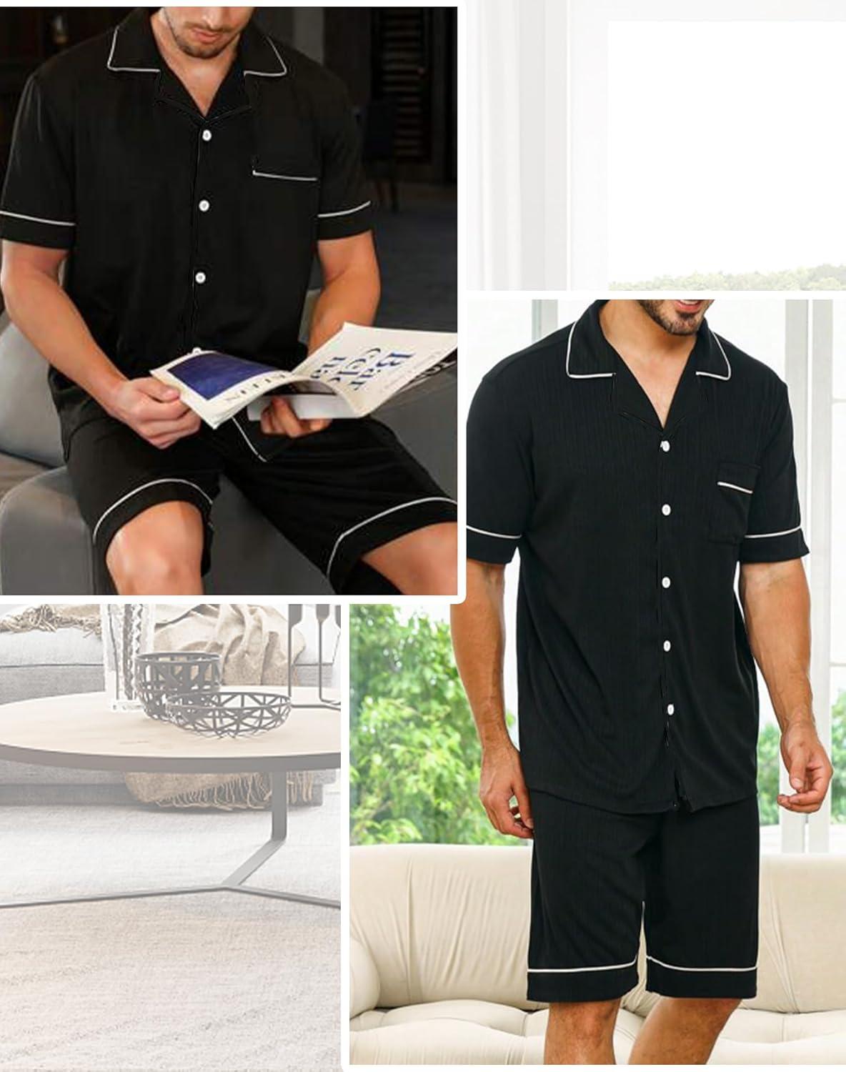 imageSWOMOG Mens Pajama Sets Short Sleeve Sleepwear Button Down Loungewear Soft Modal Lounge Pjs with Pockets SXXLBlack
