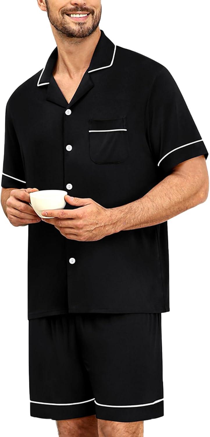 imageSWOMOG Mens Pajama Sets Short Sleeve Sleepwear Button Down Loungewear Soft Modal Lounge Pjs with Pockets SXXLBlack