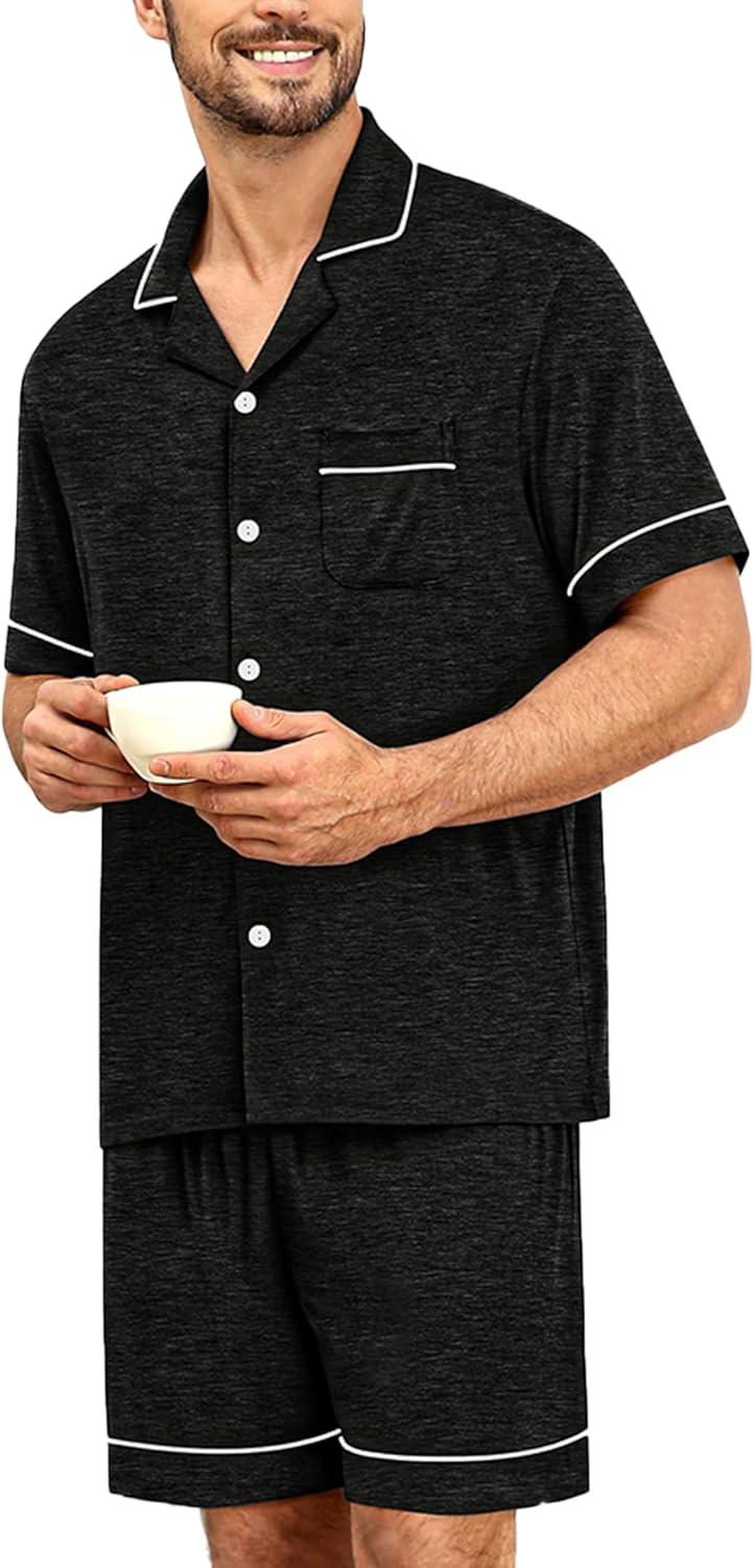 imageSWOMOG Mens Pajama Sets Short Sleeve Sleepwear Button Down Loungewear Soft Modal Lounge Pjs with Pockets SXXLBlack Grey
