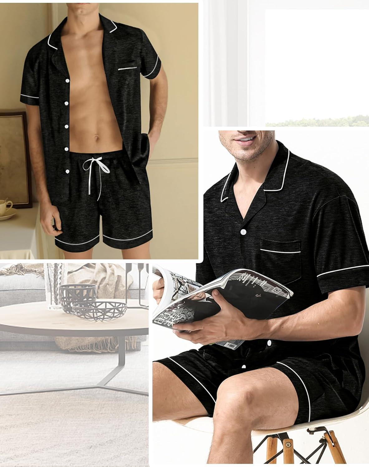 imageSWOMOG Mens Pajama Sets Short Sleeve Sleepwear Button Down Loungewear Soft Modal Lounge Pjs with Pockets SXXLBlack Grey