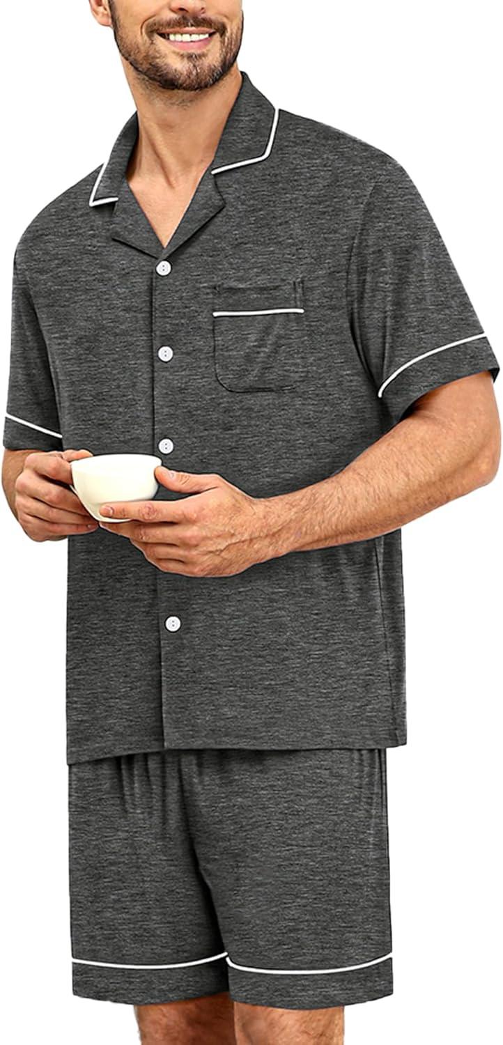 imageSWOMOG Mens Pajama Sets Short Sleeve Sleepwear Button Down Loungewear Soft Modal Lounge Pjs with Pockets SXXLDark Grey