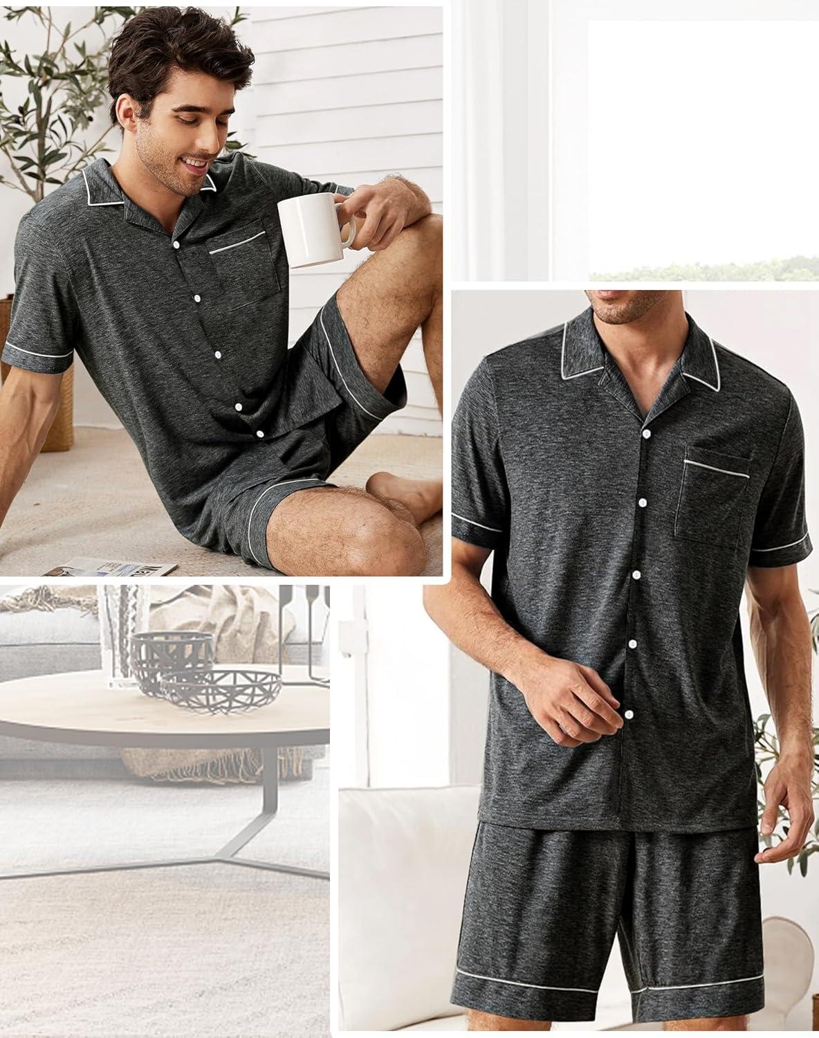 imageSWOMOG Mens Pajama Sets Short Sleeve Sleepwear Button Down Loungewear Soft Modal Lounge Pjs with Pockets SXXLDark Grey